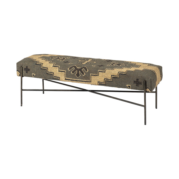 Homeroots 55" Green And Brown And Black Upholstered Cotton Blend Abstract Bench  Manufactured Wood 376186