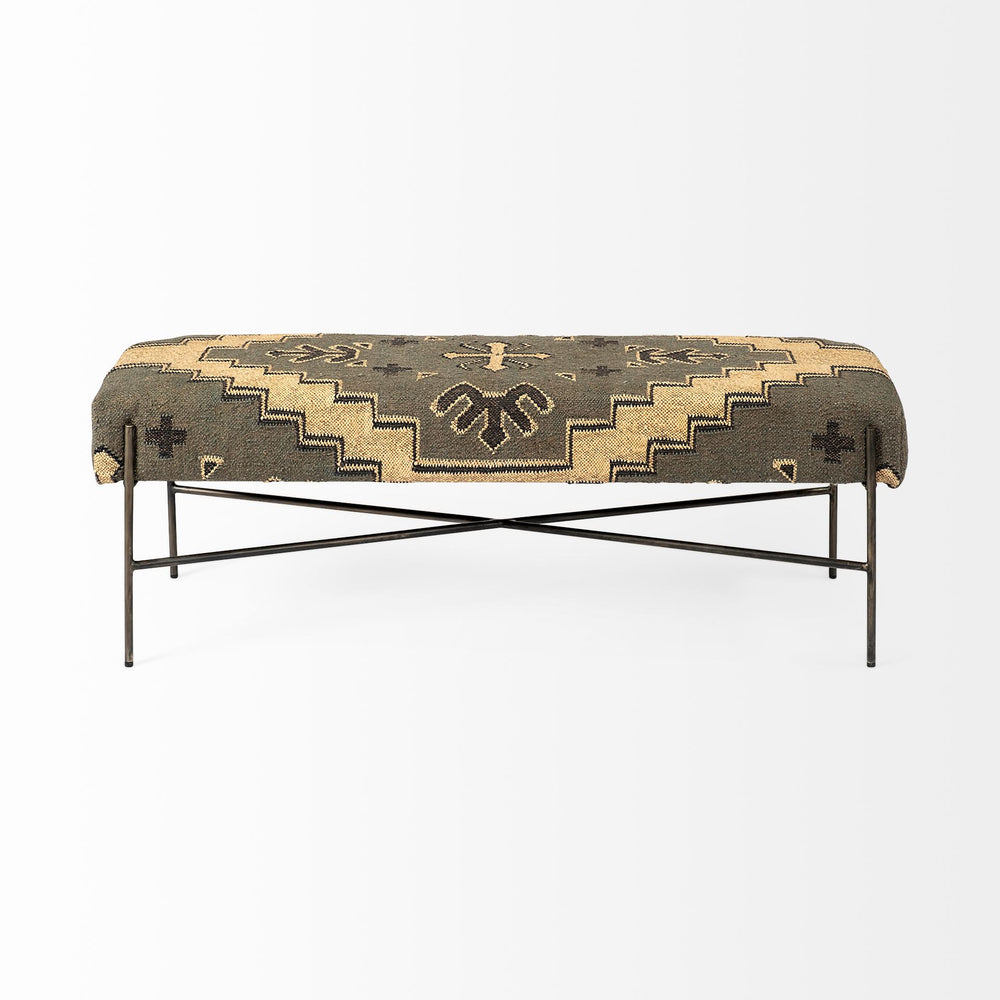 Homeroots 55" Green And Brown And Black Upholstered Cotton Blend Abstract Bench  Manufactured Wood 376186