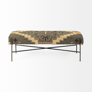 Homeroots 55" Green And Brown And Black Upholstered Cotton Blend Abstract Bench  Manufactured Wood 376186