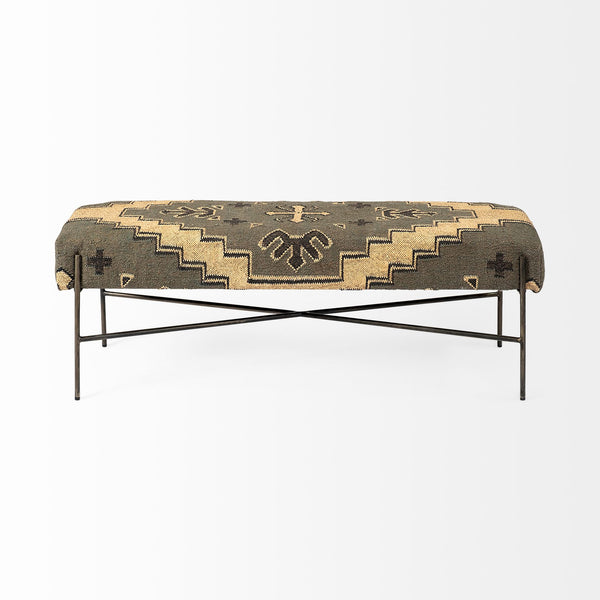 Homeroots 55" Green And Brown And Black Upholstered Cotton Blend Abstract Bench  Manufactured Wood 376186