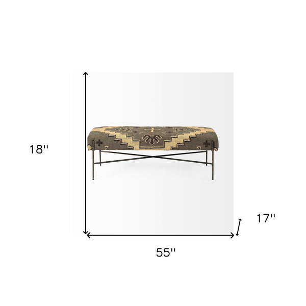 Homeroots 55" Green And Brown And Black Upholstered Cotton Blend Abstract Bench  Manufactured Wood 376186