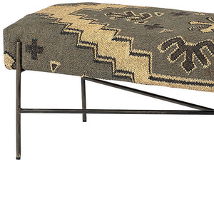 Homeroots 55" Green And Brown And Black Upholstered Cotton Blend Abstract Bench  Manufactured Wood 376186