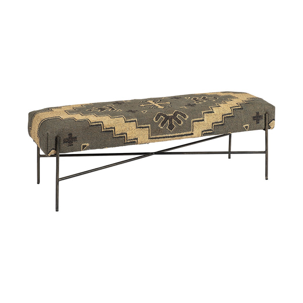Homeroots 55" Green And Brown And Black Upholstered Cotton Blend Abstract Bench  Manufactured Wood 376186