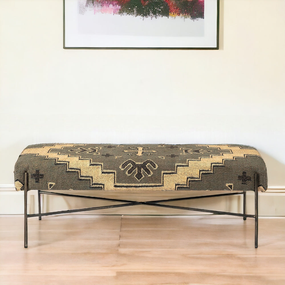 Homeroots 55" Green And Brown And Black Upholstered Cotton Blend Abstract Bench  Manufactured Wood 376186