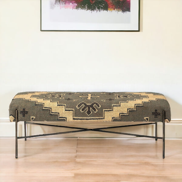 Homeroots 55" Green And Brown And Black Upholstered Cotton Blend Abstract Bench  Manufactured Wood 376186
