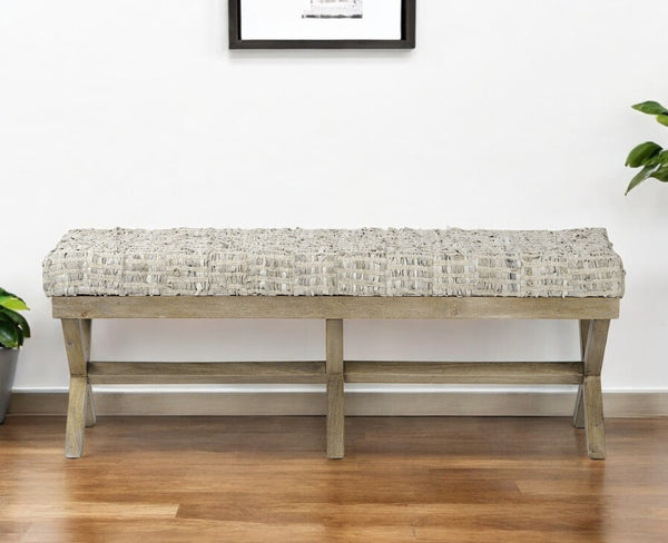 HomeRoots 16" Beige and Brown Upholstered Faux Leather Bench - Stylish Entryway Seating with Durable Design 376188