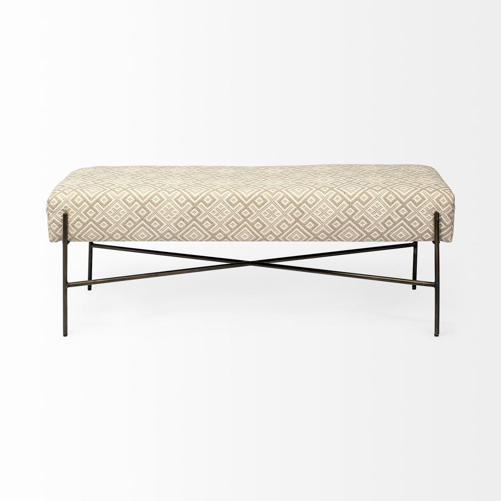 Homeroots 17" Cream And Black Upholstered Cotton Blend Geometric Bench  Metal 376189