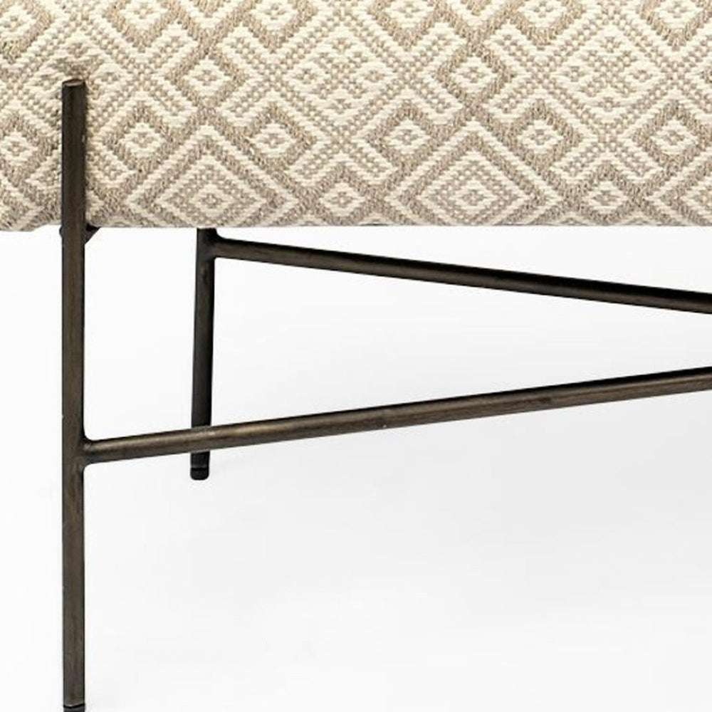 HomeRoots 17" Cream Geometric Cotton Blend Bench - Stylish Entryway Seating with Sturdy Antiqued-Nickel Base 376189