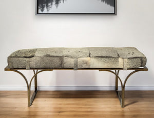 Homeroots 55" Gray And Antiqued Brass Faux Fur Upholstery Bench   376190