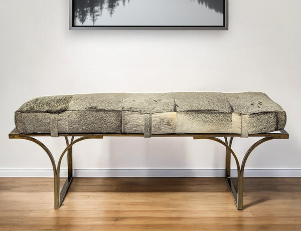 Homeroots 55" Gray And Antiqued Brass Faux Fur Upholstery Bench   376190