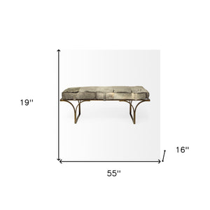 Homeroots 55" Gray And Antiqued Brass Faux Fur Upholstery Bench   376190