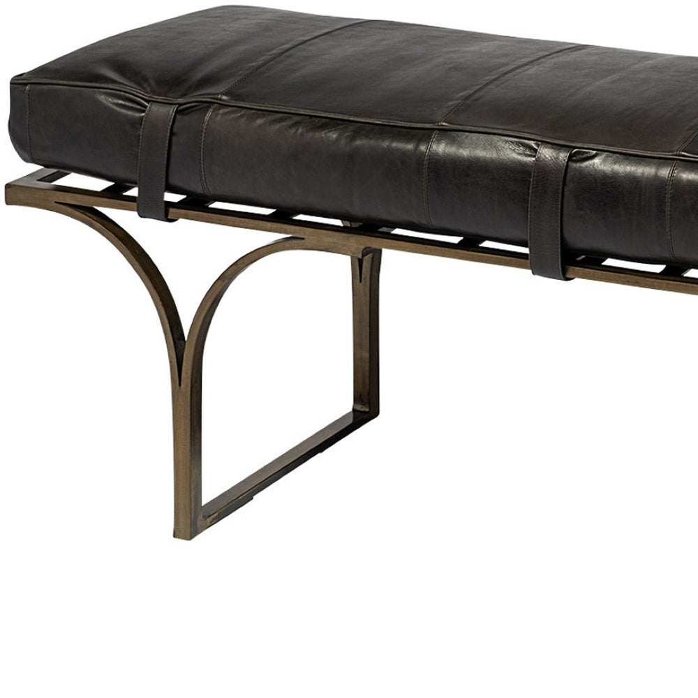 HomeRoots 16" Stylish Black Genuine Leather Bench with Antiqued Brass Base for Entryway & Bedroom Décor 376191