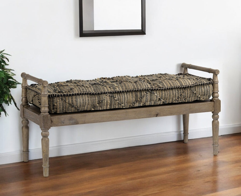 HomeRoots 57" Versatile Beige Cotton-Blend Upholstered Bench with Brown Wood Base for Entryway & Hallway Use 376192