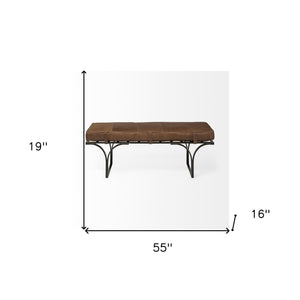 Homeroots 55" Brown And Black Genuine Leather Upholstery Bench  Metal 376196