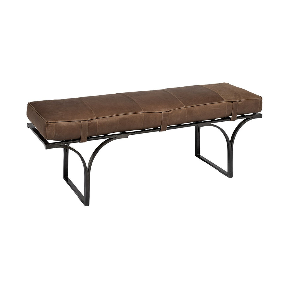 HomeRoots 55" Brown and Black Genuine Leather Upholstery Bench - Stylish Seating for Entryways & Hallways 376196