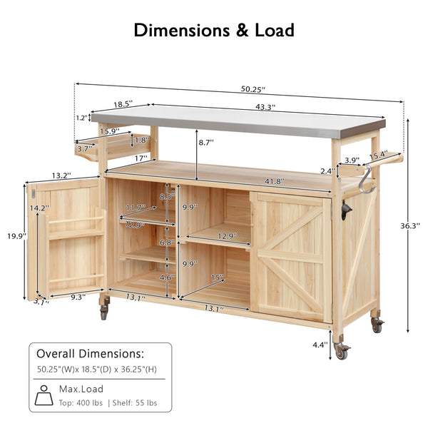 English Elm K&K Outdoor Kitchen Island Rolling Bar Cart with 1.2" Stainless Steel Top, Ample Storage, Wheels and Spice Rack Natural WF532198AAY