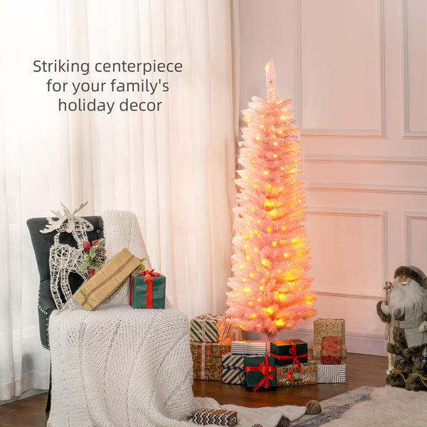 English Elm Homcom 5Ft Tall Pink Prelit Pencil Christmas Tree With 150 Colorful Led Lights For Small Spaces W2225P249678