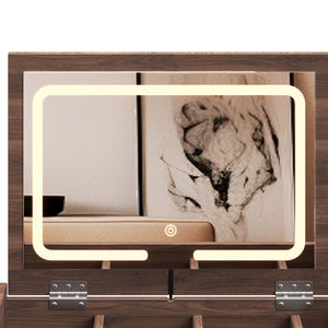 English Elm 39" Retro Bohemian Vanity Desk with Flip-Top Mirror & LED Lights, Rattan Drawers, 3-Drawer Storage, Walnut Finish N733P361800D