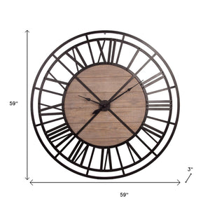 HomeRoots 59" Oversized Black and Brown Metal Skeleton Wall Clock with Rustic Wood Accent for Modern Spaces 376233