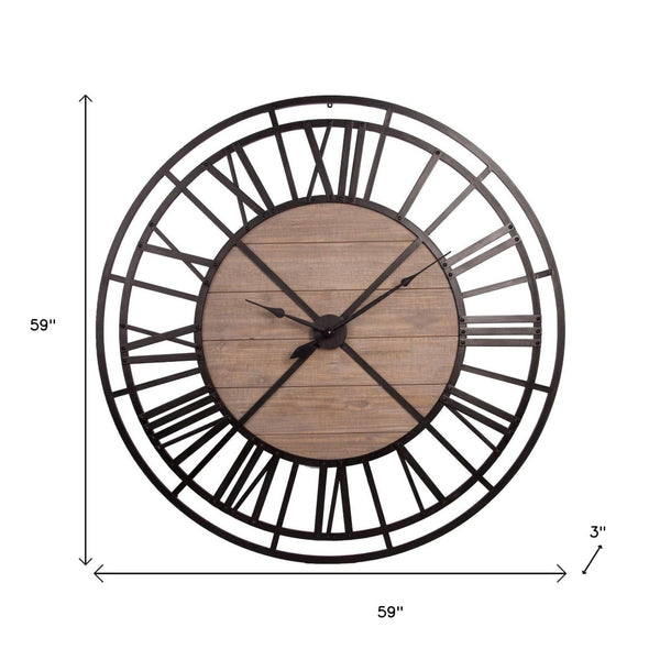 HomeRoots 59" Oversized Black and Brown Metal Skeleton Wall Clock with Rustic Wood Accent for Modern Spaces 376233