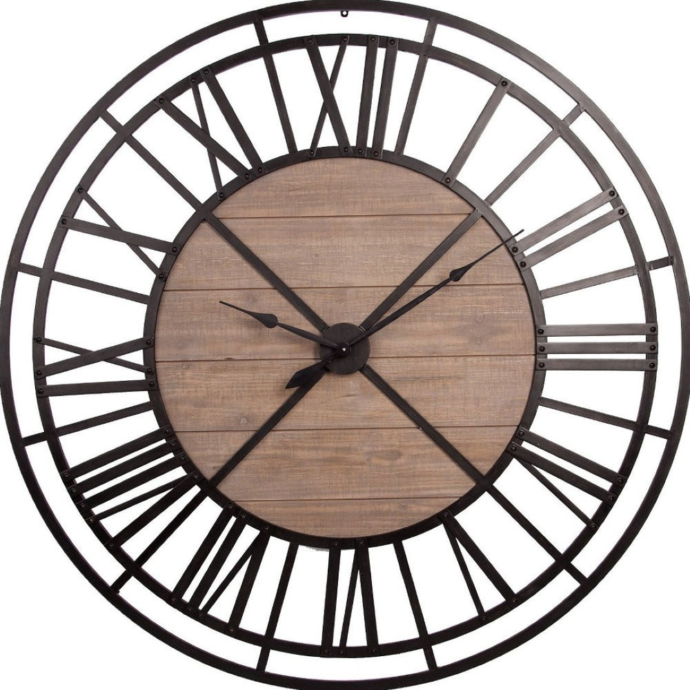 HomeRoots 59" Oversized Black and Brown Metal Skeleton Wall Clock with Rustic Wood Accent for Modern Spaces 376233