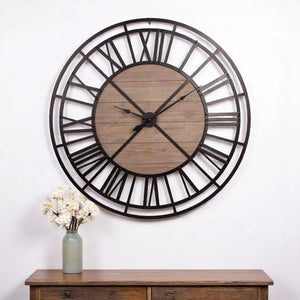 HomeRoots 59" Oversized Black and Brown Metal Skeleton Wall Clock with Rustic Wood Accent for Modern Spaces 376233
