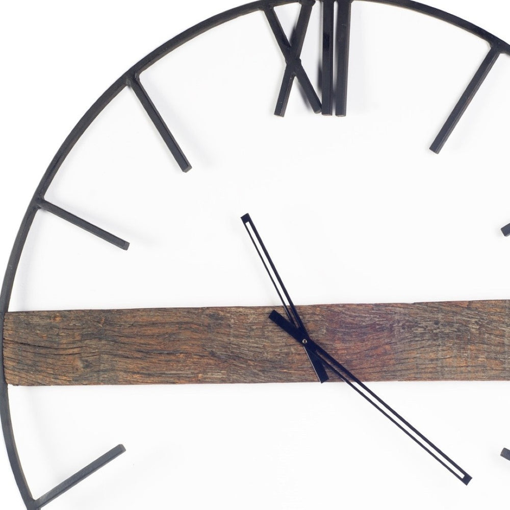 HomeRoots 2" Circle Black Metal Skeleton Wall Clock - Oversized Industrial Design with Unique Wood Accent 376237