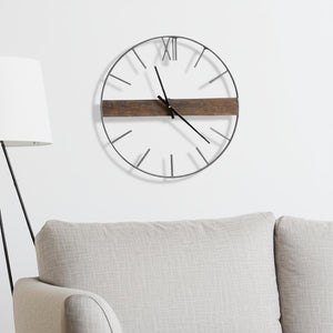 HomeRoots 2" Circle Black Metal Skeleton Wall Clock - Oversized Industrial Design with Unique Wood Accent 376237