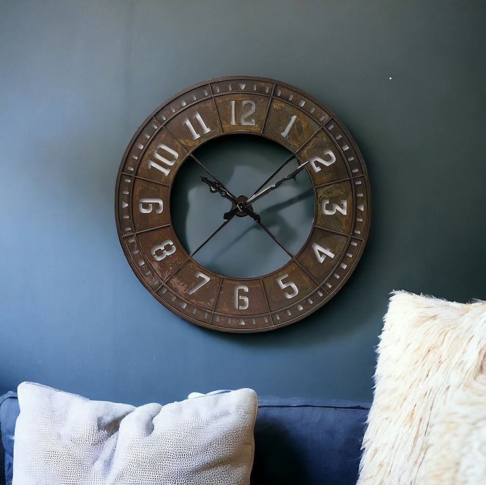 HomeRoots 57" Round Industrial Brown Wall Clock - Oversized Metal Timepiece with Vintage Charm & Modern Design 376238