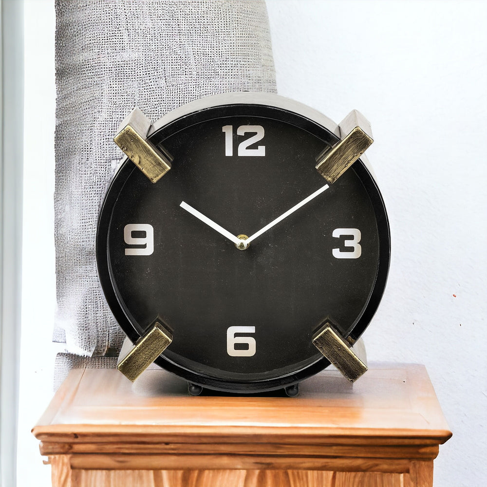 Homeroots 10" Black Stainless Steel Table Clock  Stainless Steel 376242