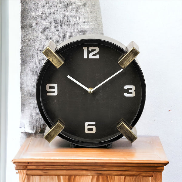 Homeroots 10" Black Stainless Steel Table Clock  Stainless Steel 376242