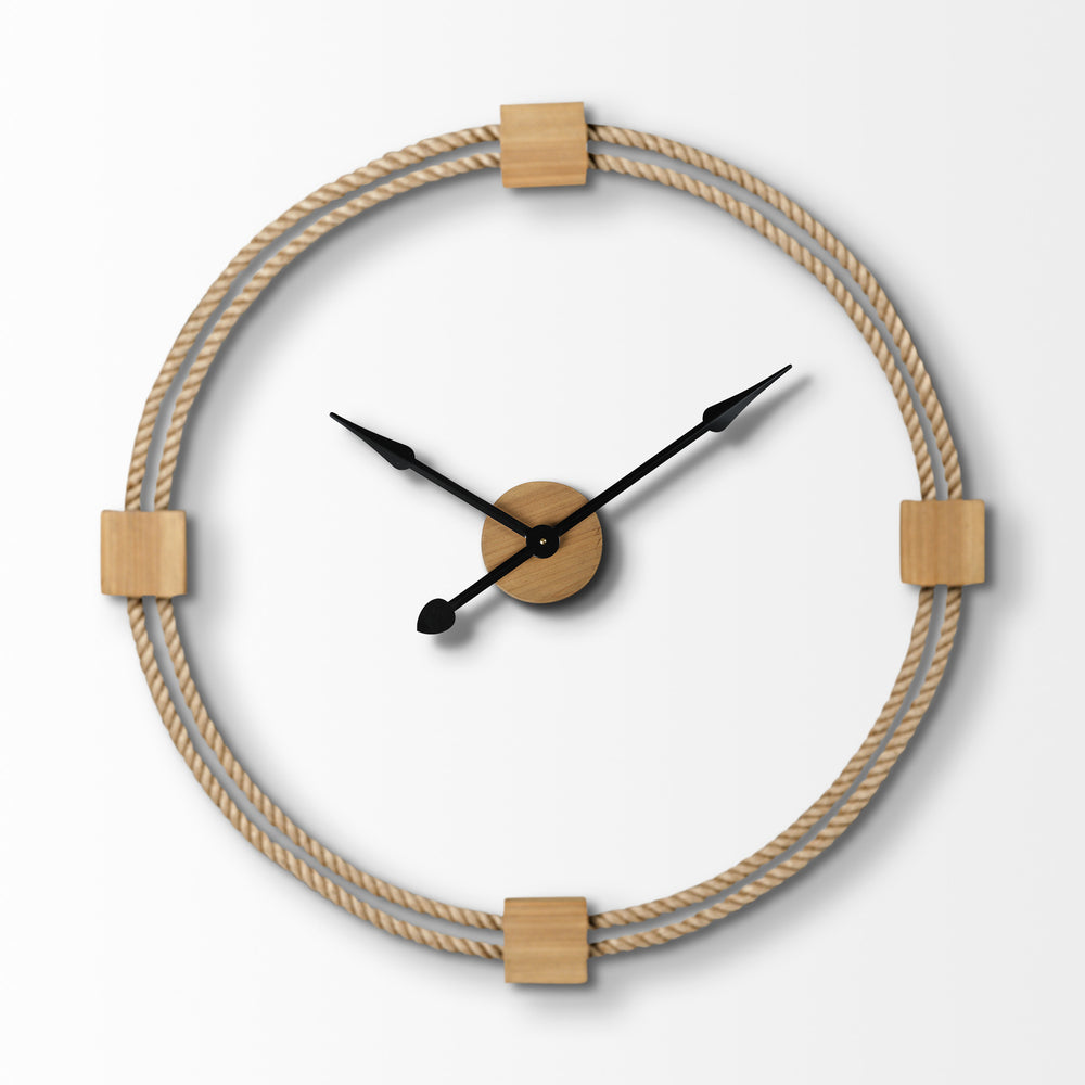 Homeroots 3" Circle Brown Metal Skeleton Wall Clock – Oversized Open-face Design With Rustic Wood & Rope Accents   376247