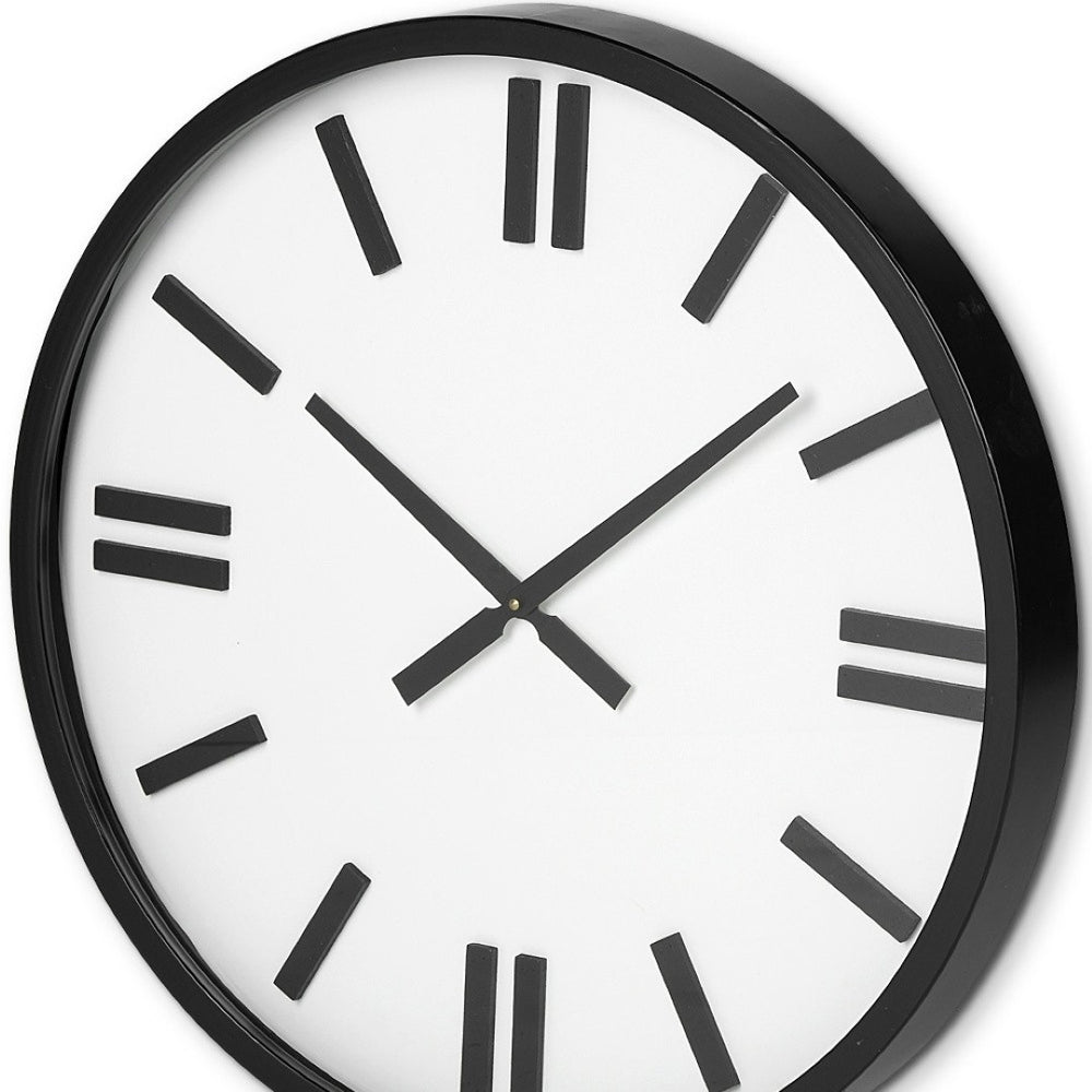 HomeRoots 24" Round Large Modern Wall Clock: Sleek Scandinavian Design with Matte Black Frame & Wood Markers 376248