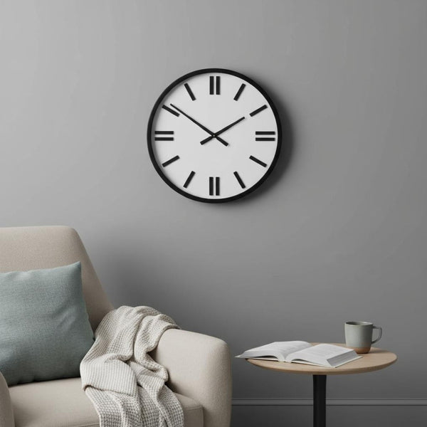 HomeRoots 24" Round Large Modern Wall Clock: Sleek Scandinavian Design with Matte Black Frame & Wood Markers 376248