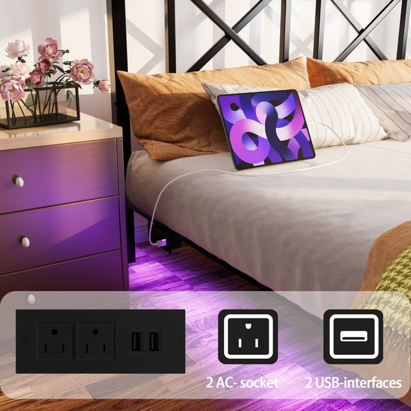 English Elm Queen Platform Bed with Rgb Led Underglow Storage Headboard and Usb Charging Ports W840P383354