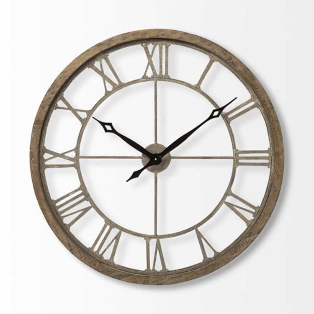 Homeroots 32" Circle Brown Metal Skeleton Wall Clock  Wood 376252