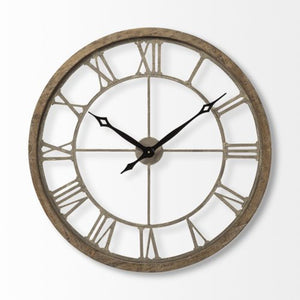 Homeroots 32" Circle Brown Metal Skeleton Wall Clock  Wood 376252