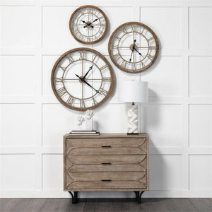 Homeroots 32" Circle Brown Metal Skeleton Wall Clock  Wood 376252