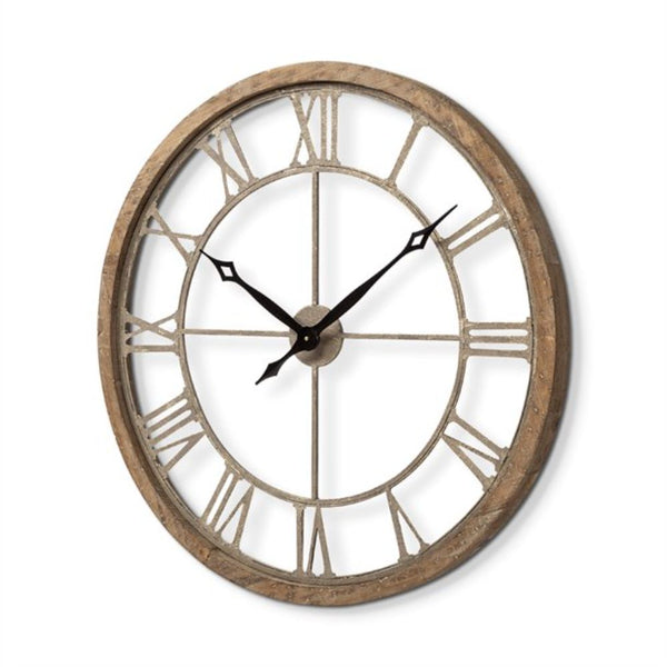 Homeroots 32" Circle Brown Metal Skeleton Wall Clock  Wood 376252