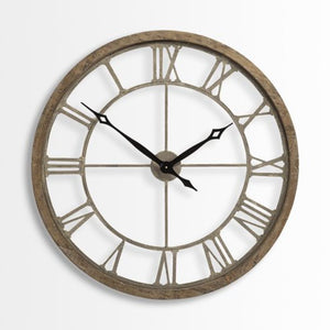 Homeroots 32" Circle Brown Metal Skeleton Wall Clock  Wood 376252