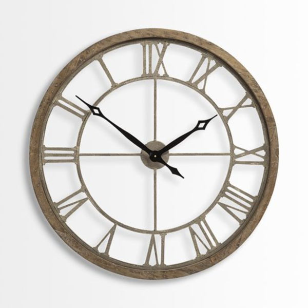 Homeroots 32" Circle Brown Metal Skeleton Wall Clock  Wood 376252