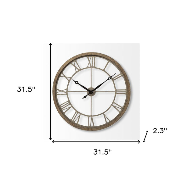 Homeroots 32" Circle Brown Metal Skeleton Wall Clock  Wood 376252