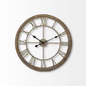 Homeroots 25" Circle Brown Metal Skeleton Wall Clock  Wood 376253
