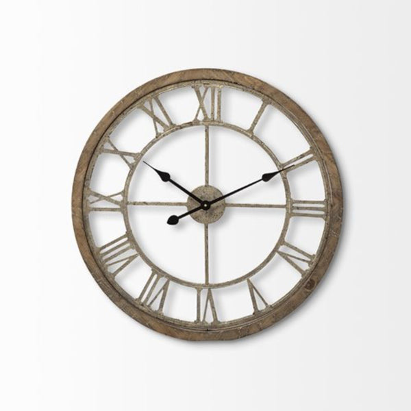 Homeroots 25" Circle Brown Metal Skeleton Wall Clock  Wood 376253