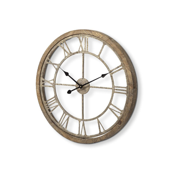 Homeroots 25" Circle Brown Metal Skeleton Wall Clock  Wood 376253