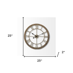 Homeroots 25" Circle Brown Metal Skeleton Wall Clock  Wood 376253