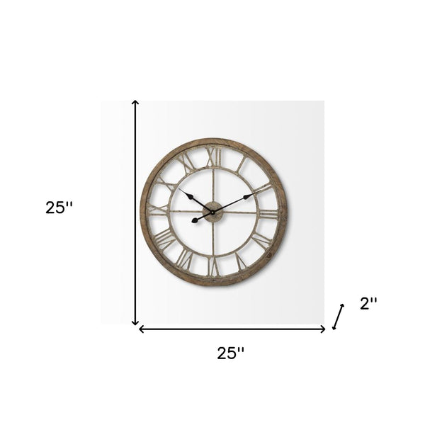 Homeroots 25" Circle Brown Metal Skeleton Wall Clock  Wood 376253
