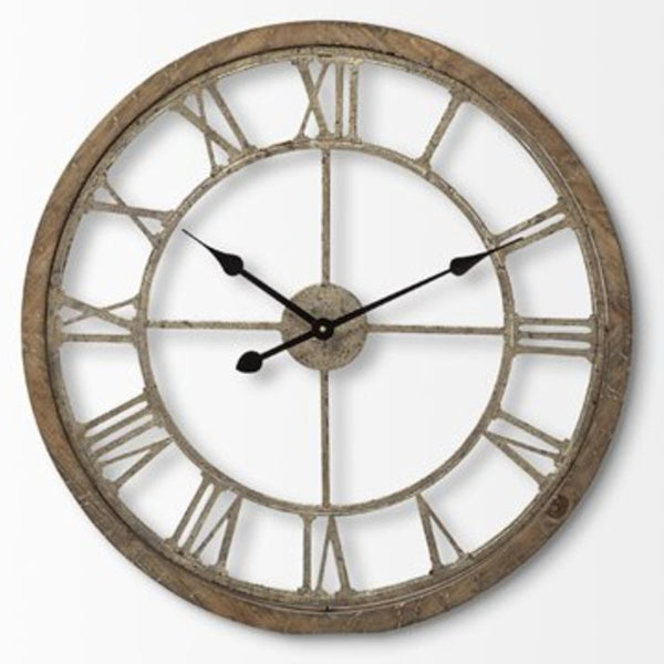 Homeroots 25" Circle Brown Metal Skeleton Wall Clock  Wood 376253