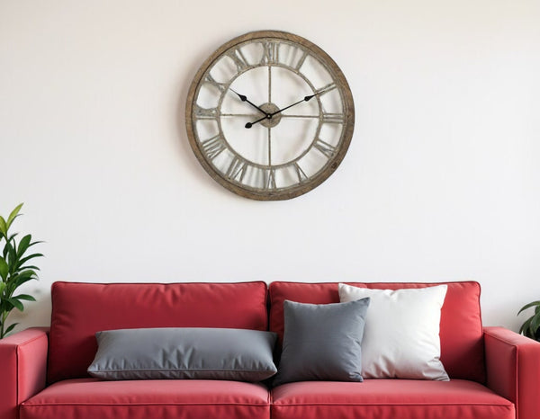 HomeRoots 25" Rustic Modern Farmhouse Metal Skeleton Wall Clock with Whitewashed Wood - Elegant Décor Piece 376253