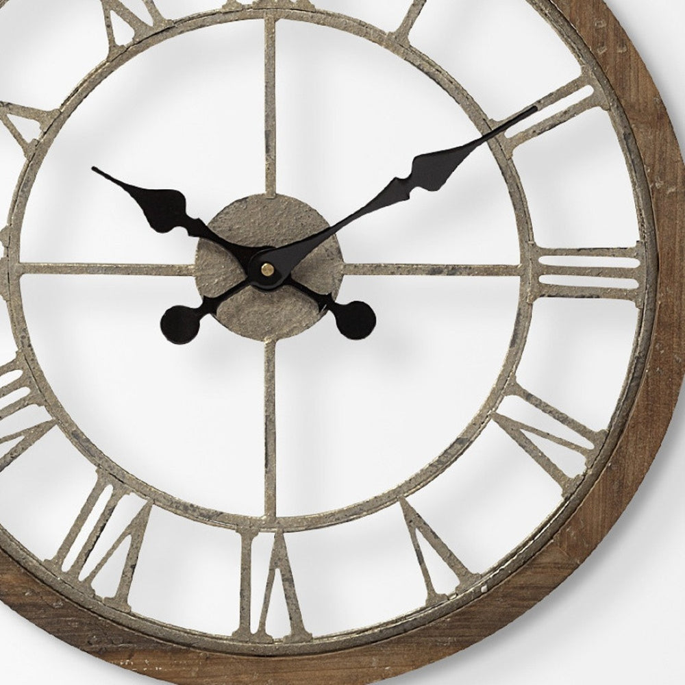 HomeRoots 19" Rustic Modern Farmhouse Round Wall Clock – Whitewashed Brown Wood & Open Face Design for Easy Readability 376254